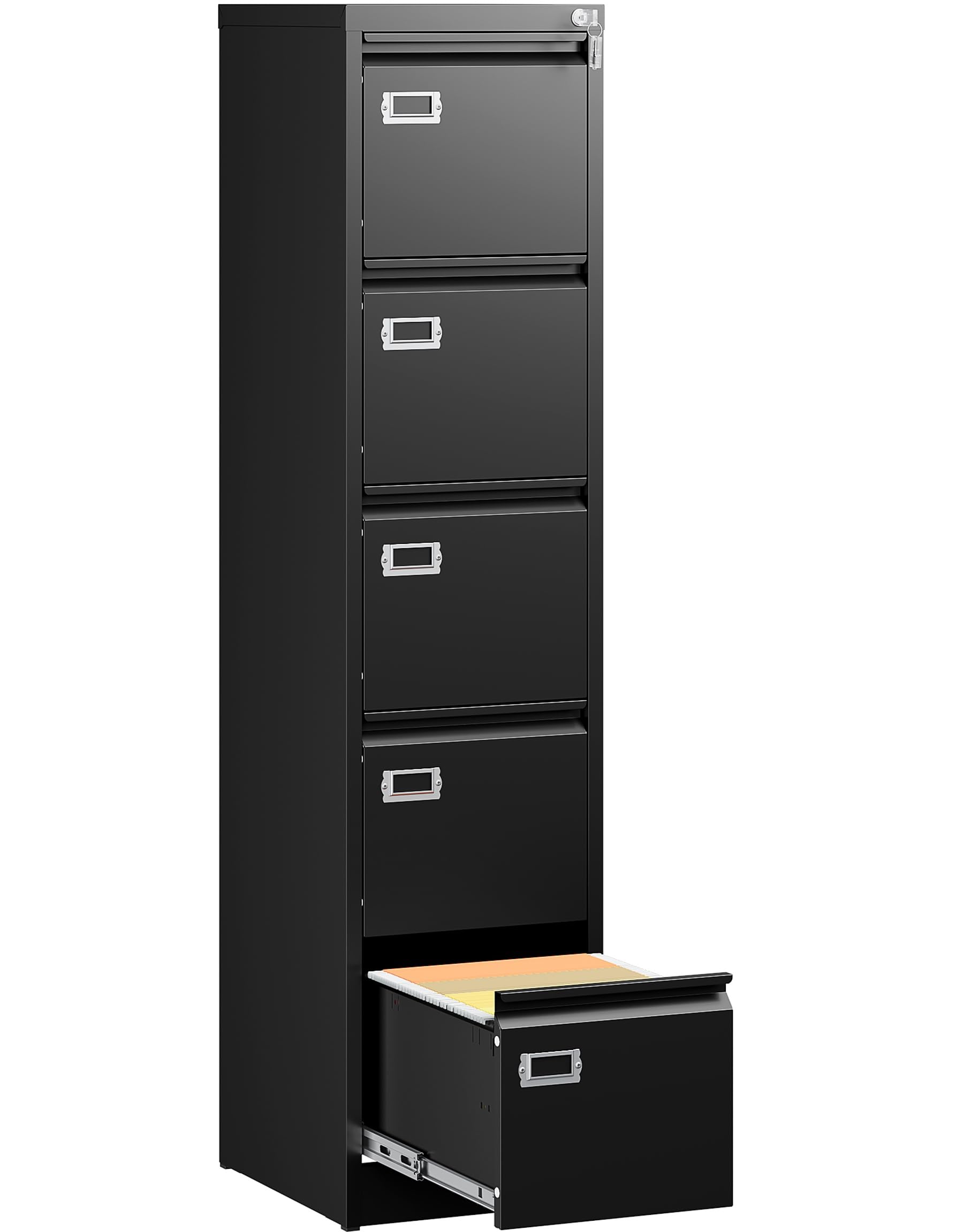 SISESOL 5 Drawer File Cabinet with Lock,15 Narrow Vertical File Cabinet Five drawer,Tall Office Filing Cabinets,Black Metal Fili