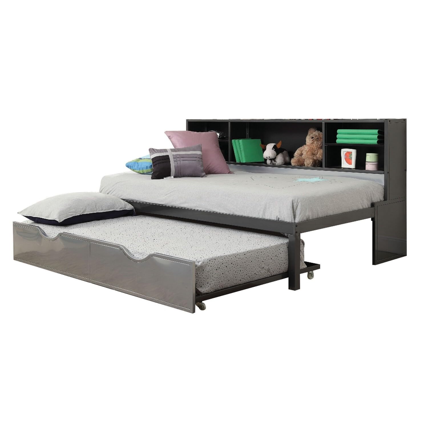 Benjara Metal Twin Bed with Bookcase and Rollout Trundle, Black and Silver