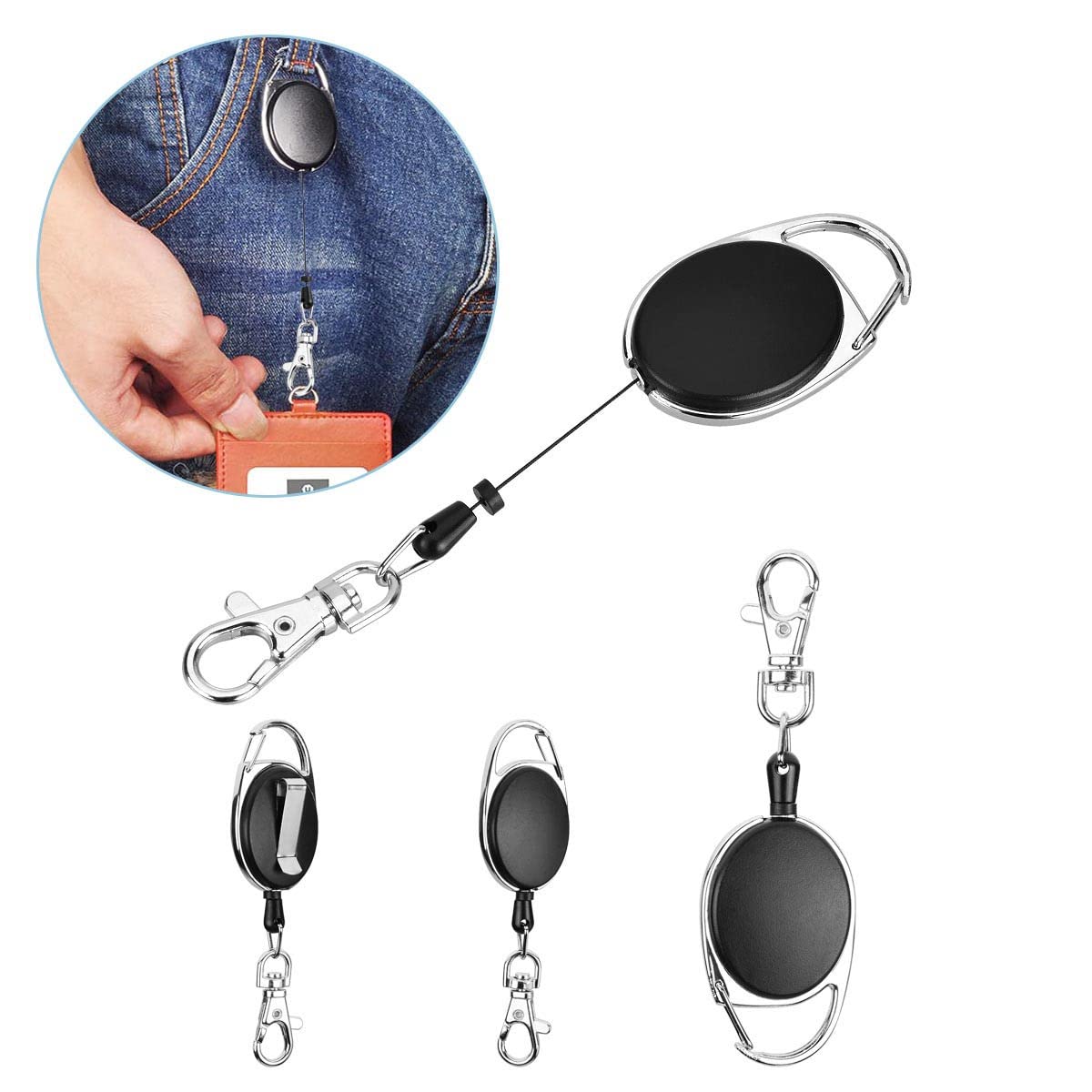 Youngrich 4Pcs Retractable Key Chain For Man Woman Key Ring Chain With Belt Clip Extendable Strong Spring Lanyard Reel Badge Hol
