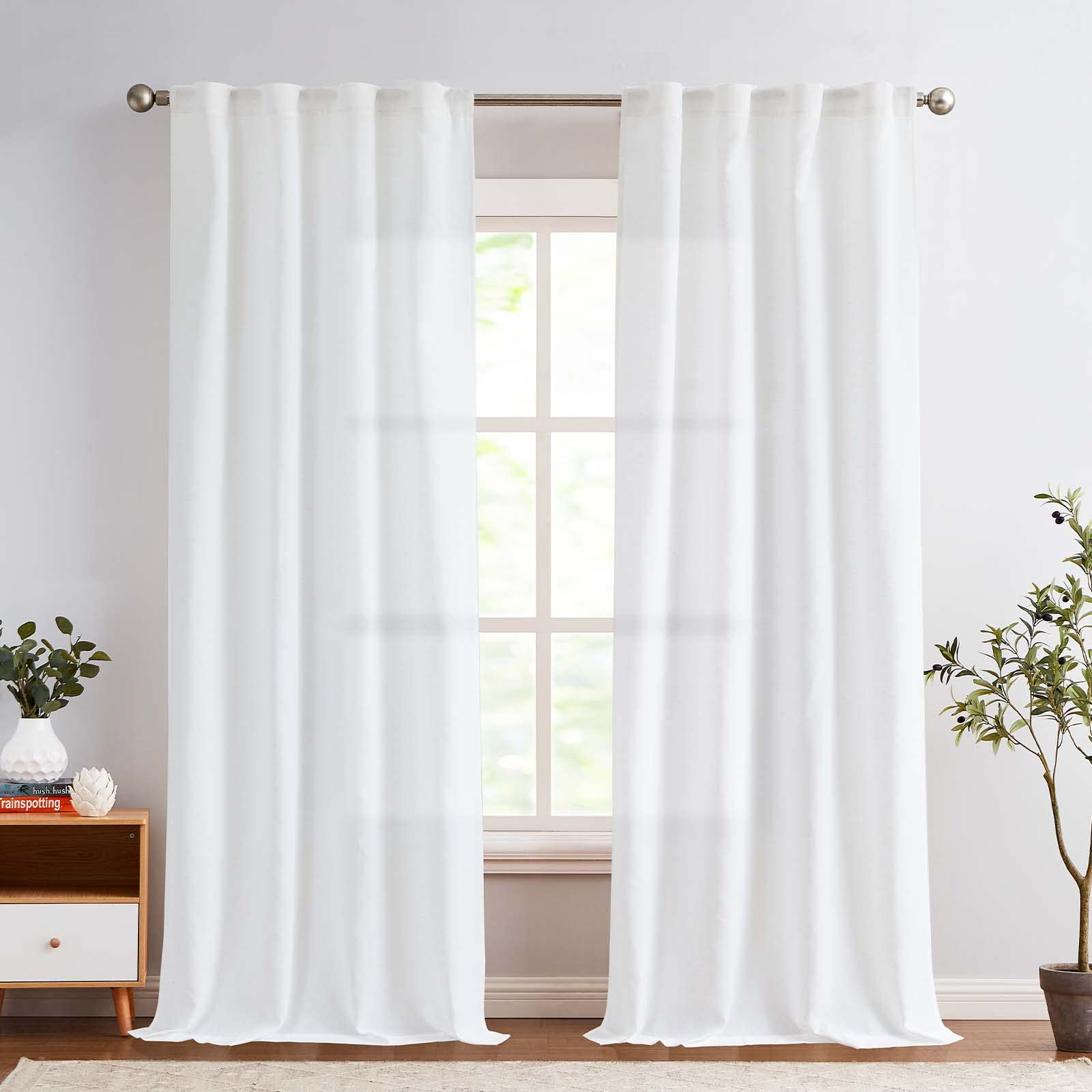 Jinchan Linen Blend White Curtains 96 Inches Long For Living Room Farmhouse Rod Pocket Back Tab Light Filtering Window Drapes For Bedroom Curtains Off White 2 Panels