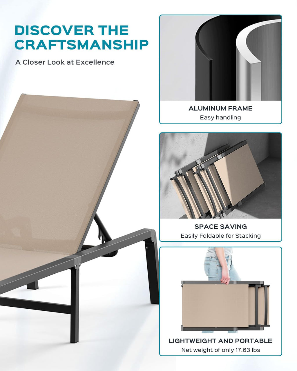 Ciokea Foldable Patio Chaise Lounge Chair Set of 2, Adjustable Aluminum Outdoor Lounger in Khaki for Poolside, Lawn, and Deck