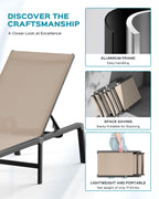 Ciokea Foldable Patio Chaise Lounge Chair Set of 2, Adjustable Aluminum Outdoor Lounger in Khaki for Poolside, Lawn, and Deck