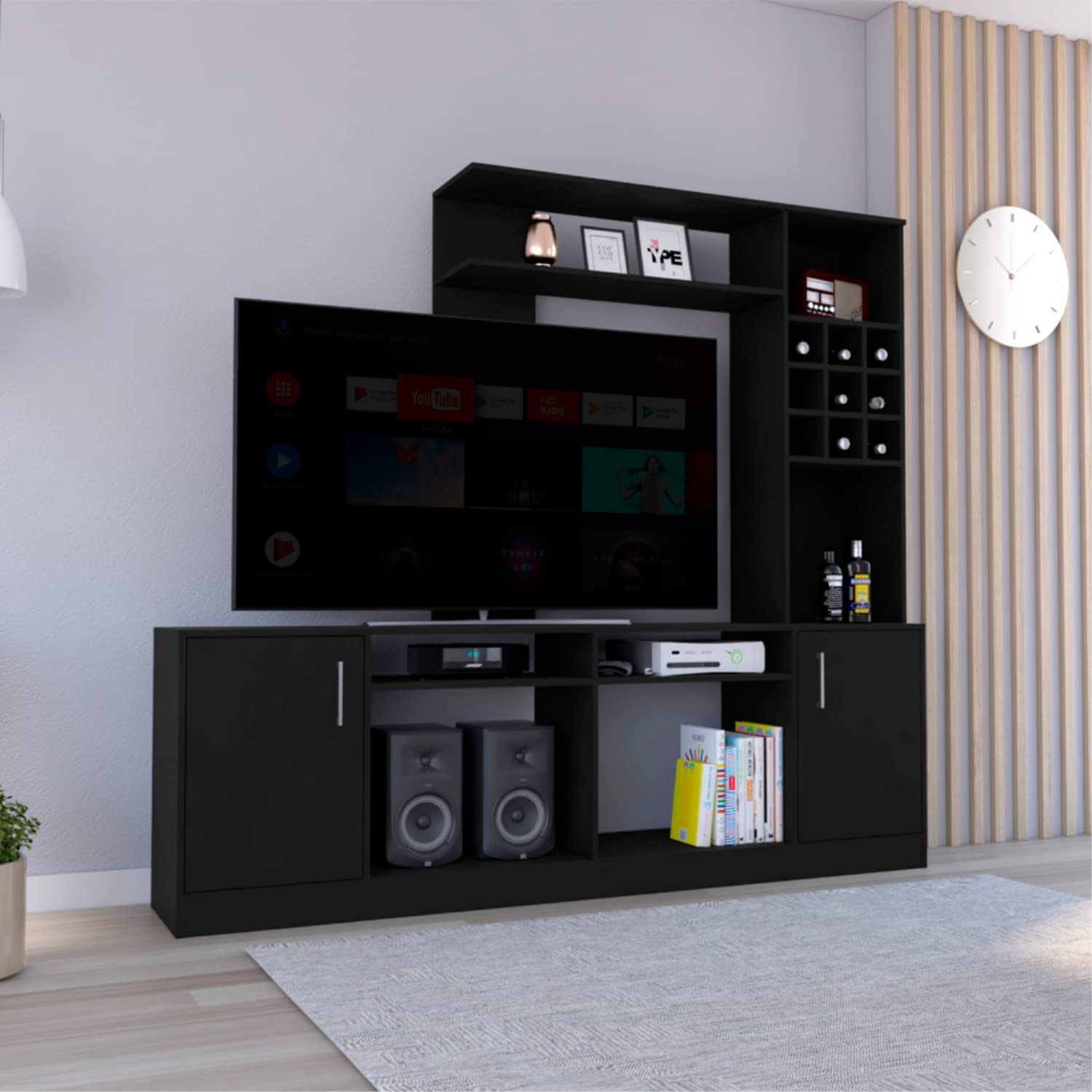 Depot E-Shop King Entertainment Center For Tvs Up 60&Quot; With 2 Cabinets, 7 External Shelves, And 6 Cubbies, Black
