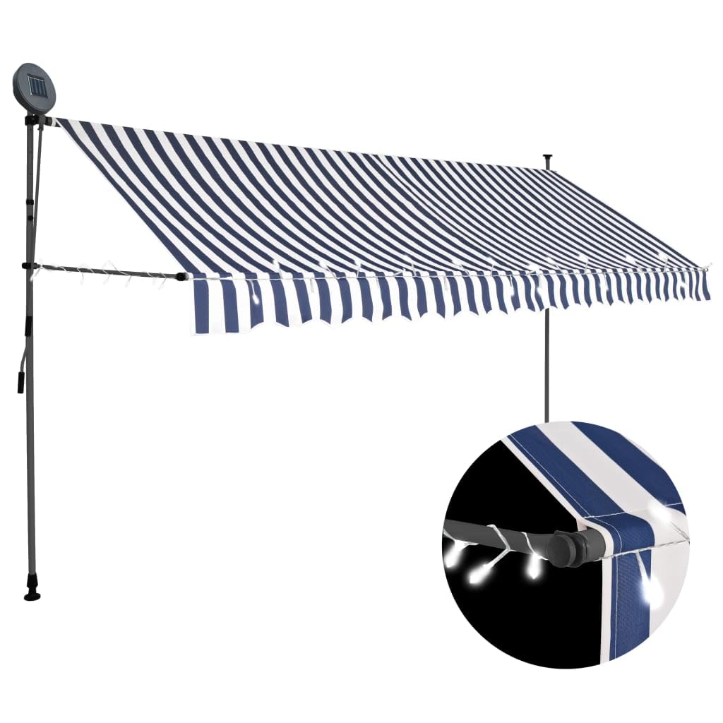 vidaXL 98.4 Manual Retractable Awning with LED Lights - Blue and White Outdoor Shade Solution