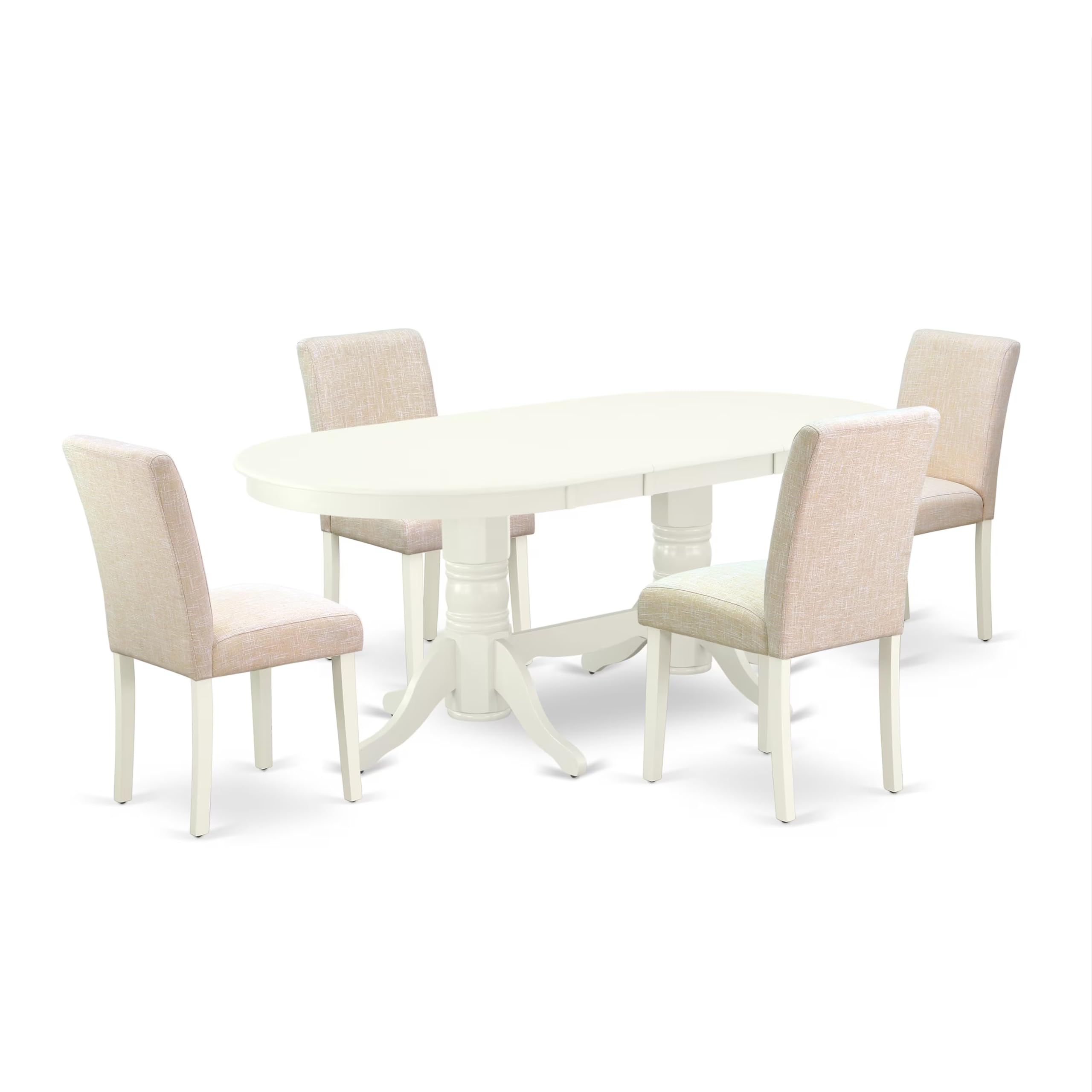 East West Furniture Vaab5-Lwh-02 5 Piece Dining Room Table Set Includes An Oval Kitchen Table With Butterfly Leaf And 4 Light Beige Linen Fabric Parsons Chairs, 40X76 Inch, Linen White