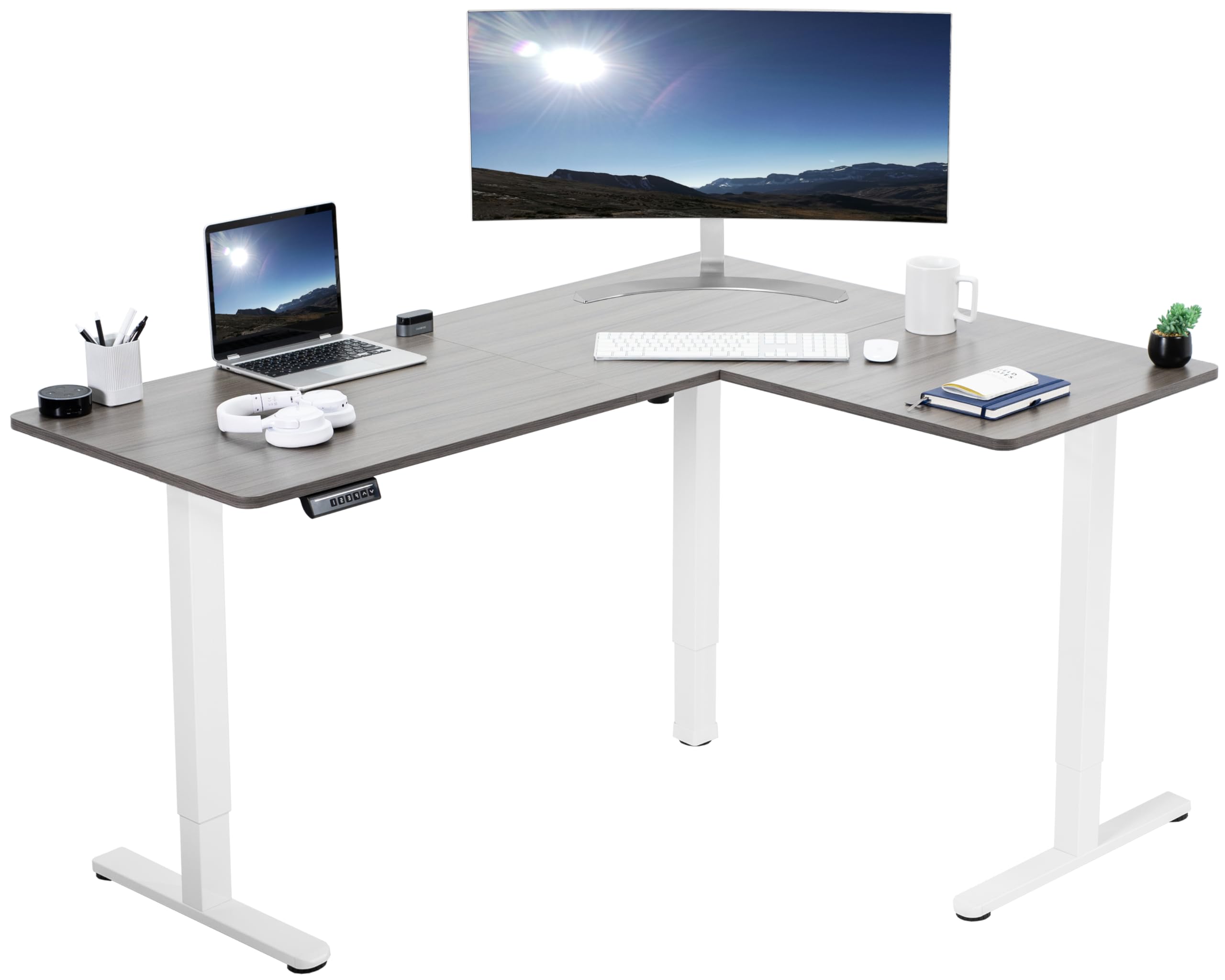 VIVO Electric Corner 63 x 47 inch L-Shaped Standing Desk, Memory Height Adjustment, Dark Gray Top White Frame, DESK-E3CTWG-47