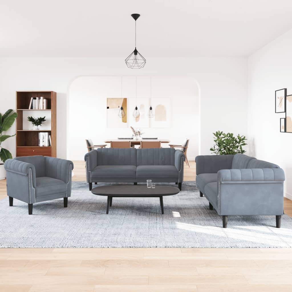 vidaXL 3 Piece Sofa Set - Dark Gray Velvet, Modern Living Room Furniture with Armchair, 2-Seater & 3-Seater Sofas