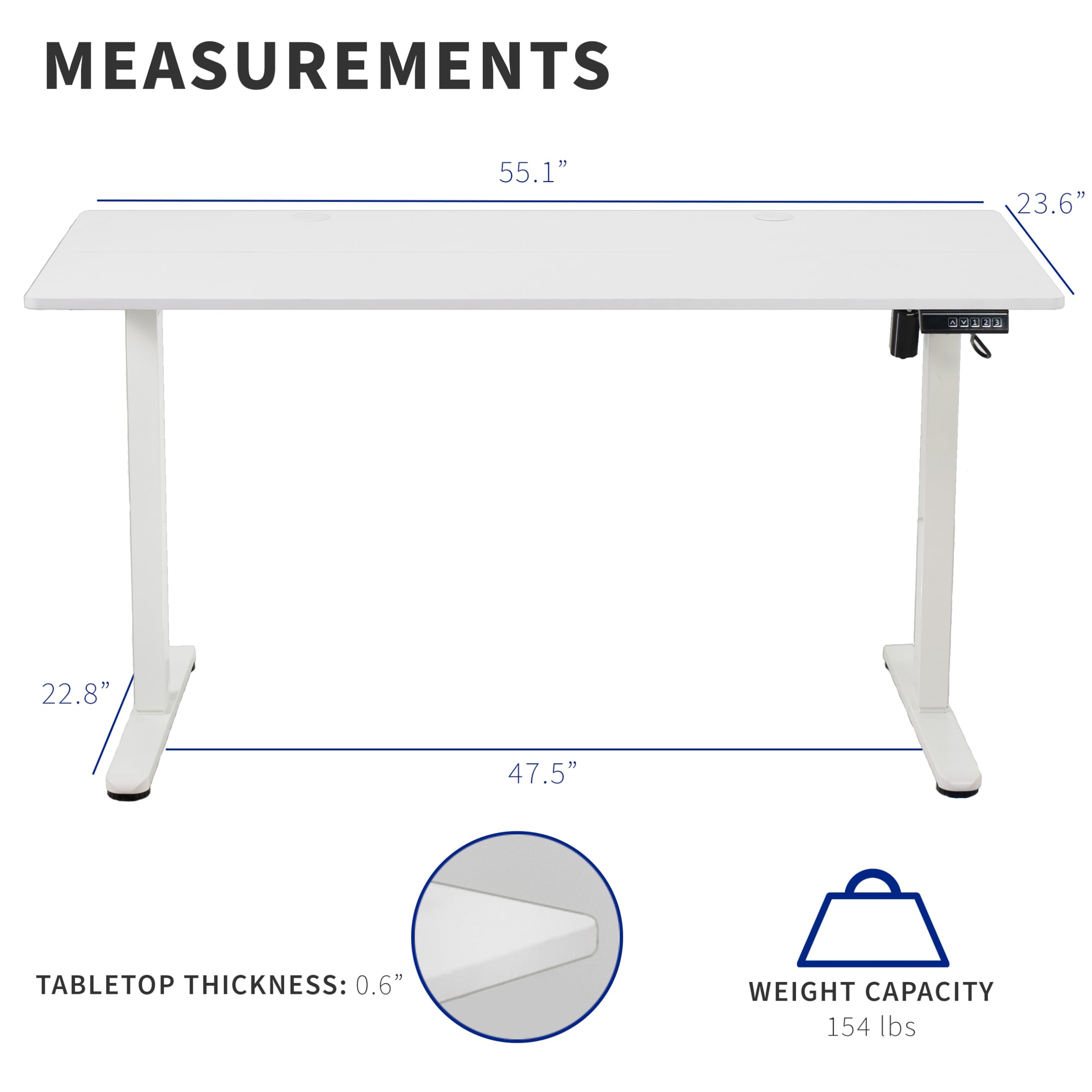 Vivo Electric 55 X 24 Inch Stand Up Desk, Complete Height Adjustable Standing Home & Office Workstation With Memory Controller, White Top, White Frame, Desk-E155Tw