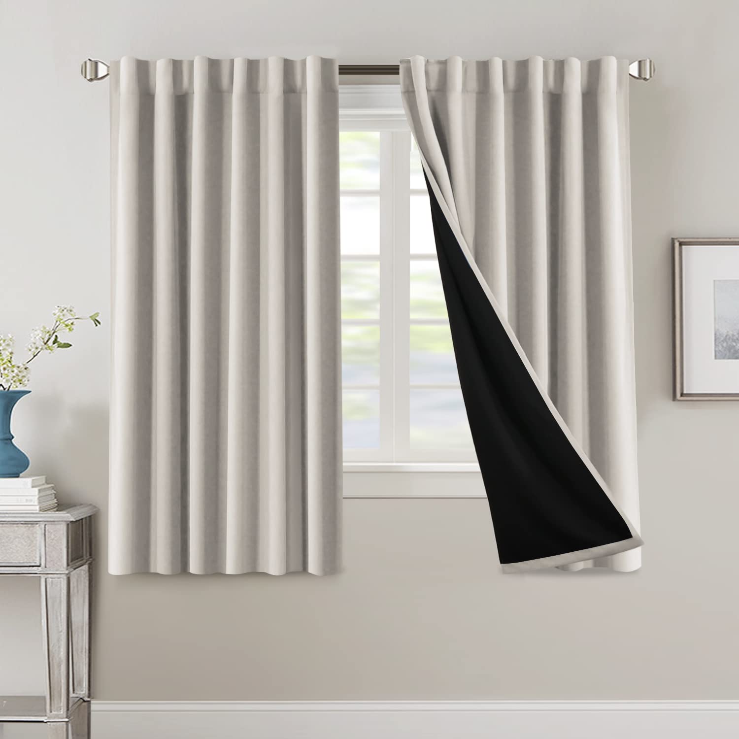 H.VERSAILTEX 100% Blackout Curtains for Bedroom with Black Liner Full Room Darkening Curtains 63 Inch Long Thermal Insulated Bac