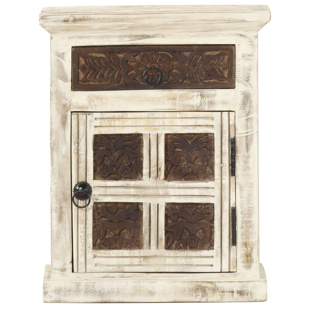 vidaXL Solid Mango Wood Bedside Cabinet with Door and Drawer – Vintage Style White Bedroom Nightstand offering Ample Storage Space with Classic Carved Pattern Design - Assembled