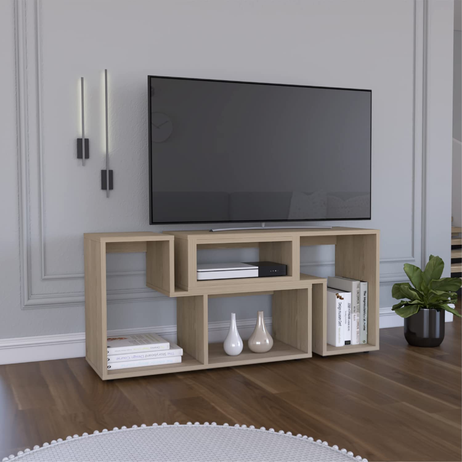 Rose Extendable TV Stand with Customizatable Shelves, Light Pine