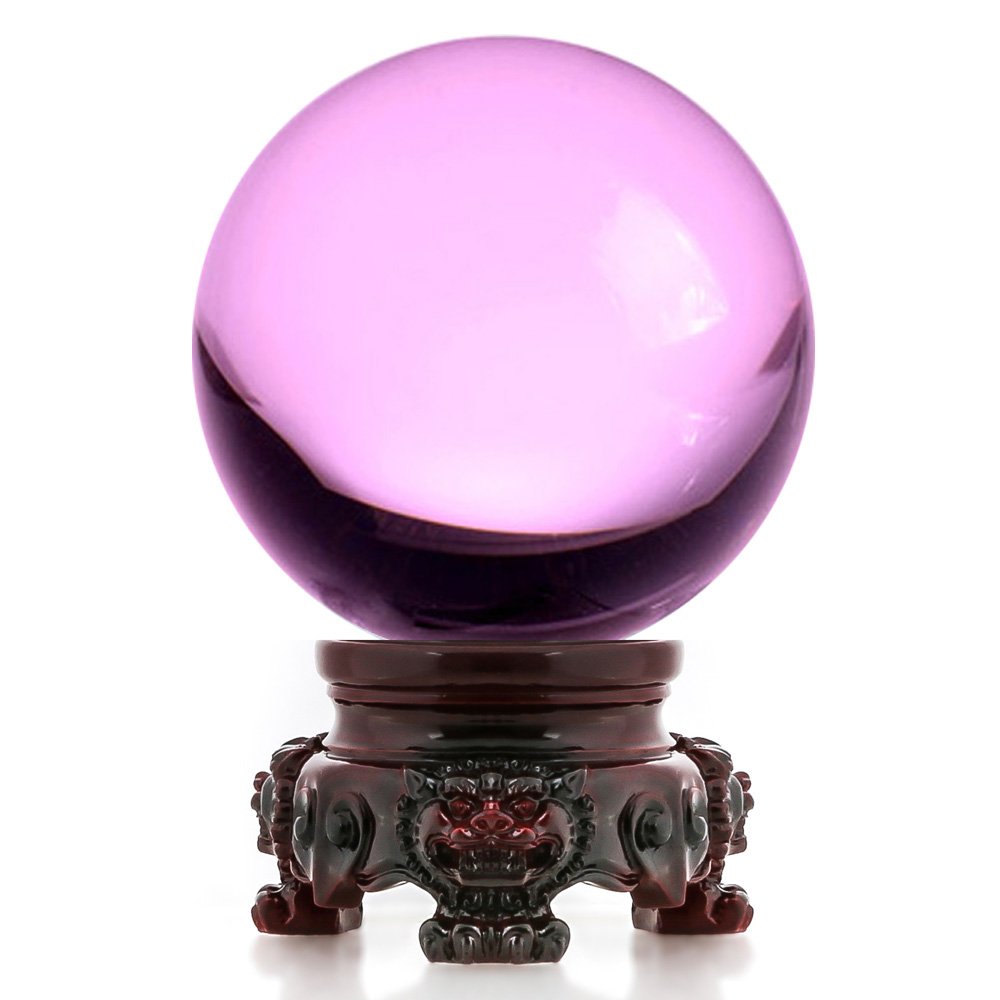 Amlong Crystal 3 inch (80mm) Pink Crystal Ball with Redwood Lion Resin Stand and Gift Box for Decorative Ball, Lensball Photogra