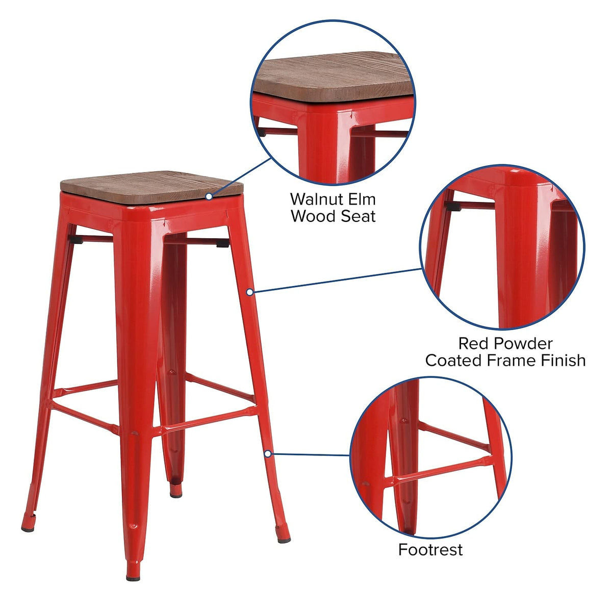 Flash Furniture Lily 30&quot; High Backless Red Metal Barstool with Square Wood Seat