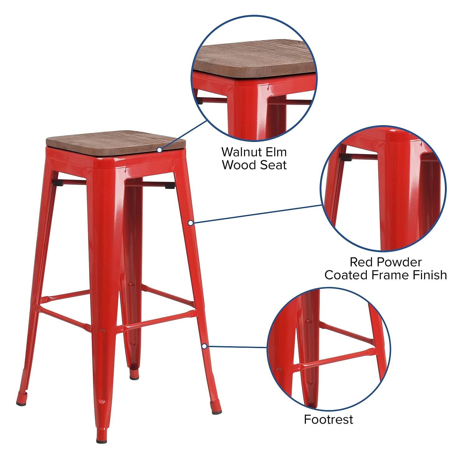 Flash Furniture Lily 30" High Backless Red Metal Barstool with Square Wood Seat