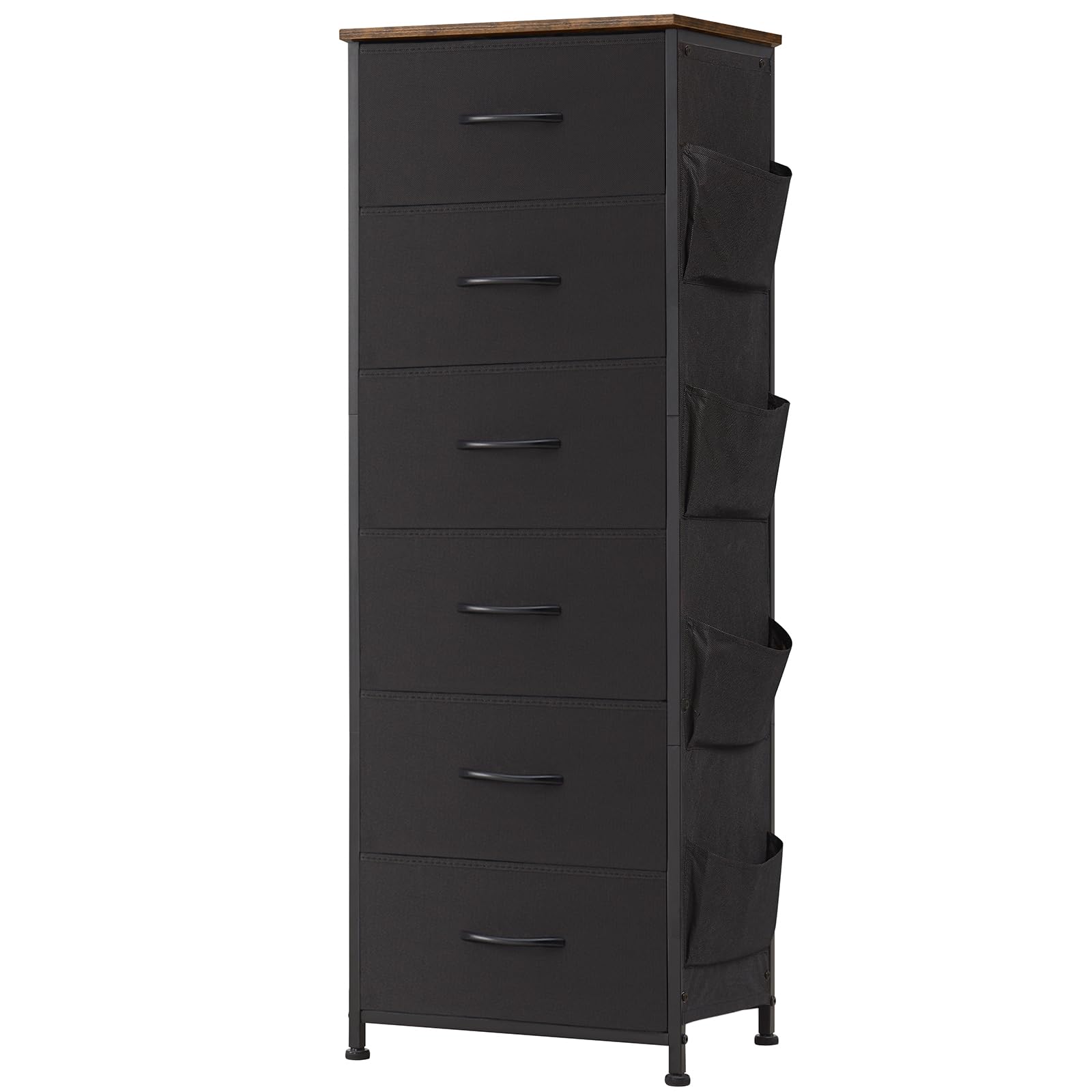 Somdot Tall Dresser For Bedroom With 6 Drawers And Side Pockets, Storage Organizer Chest Of Drawers With Fabric Bins For Closet Bedside Nursery Living Room Entryway Hallway, Black Rustic Brown