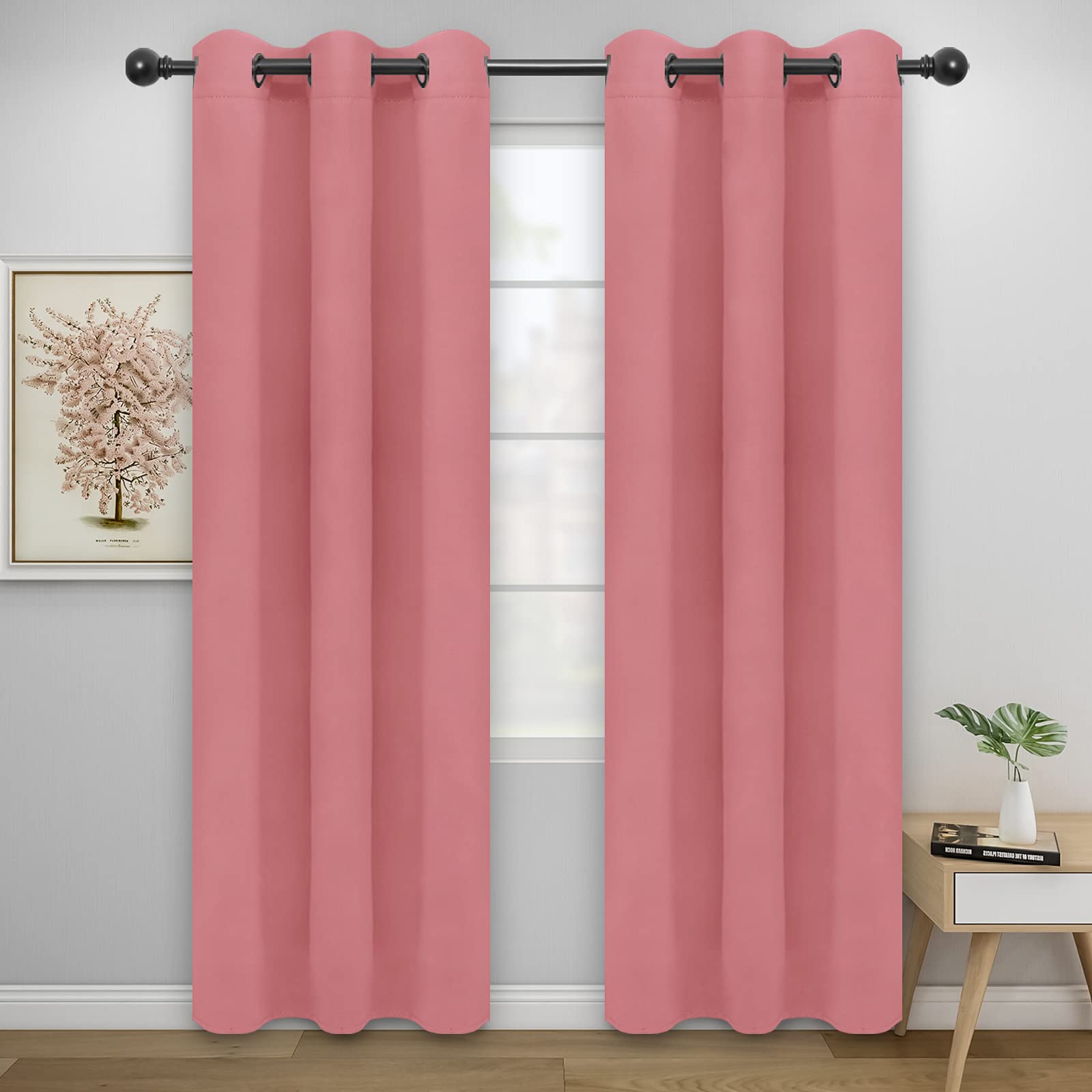 Easy-Going Blackout Curtains For Bedroom, Solid Thermal Insulated Grommet And Noise Reduction Window Drapes, Room Darkening Curtains For Living Room, 2 Panels(42X84 In, Pink)