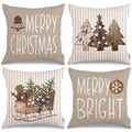 Geeory Christmas Pillow Covers 16 X 16 Inch Set Of 4, Striped Wooden Tree Snow Sleigh Merry Bright Xmas Holiday Decor Decorative