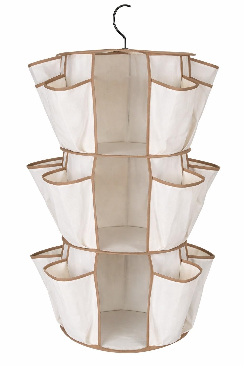 Maple Home Hanging Storage Organizer, 3Tier, Cream With Beige Trim, Fabric Pockets, SpaceSaving Closet Accessory