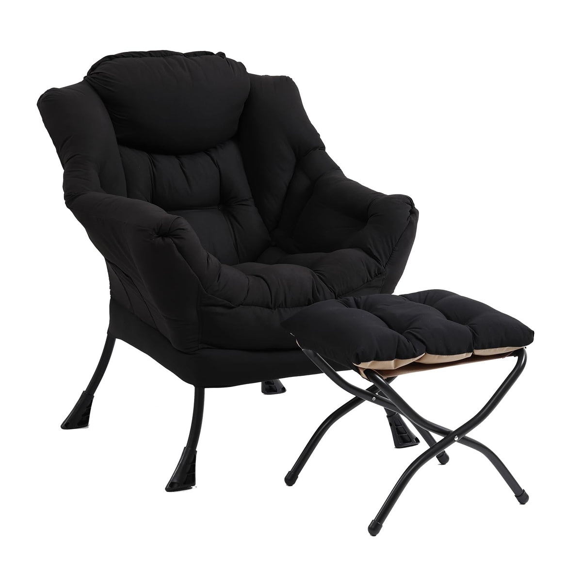Furlide Lazy Chair With Ottoman, Modern Chair With Folding Footrest, Lounge Accent Chair, Comfortable Reading Chair (Black)