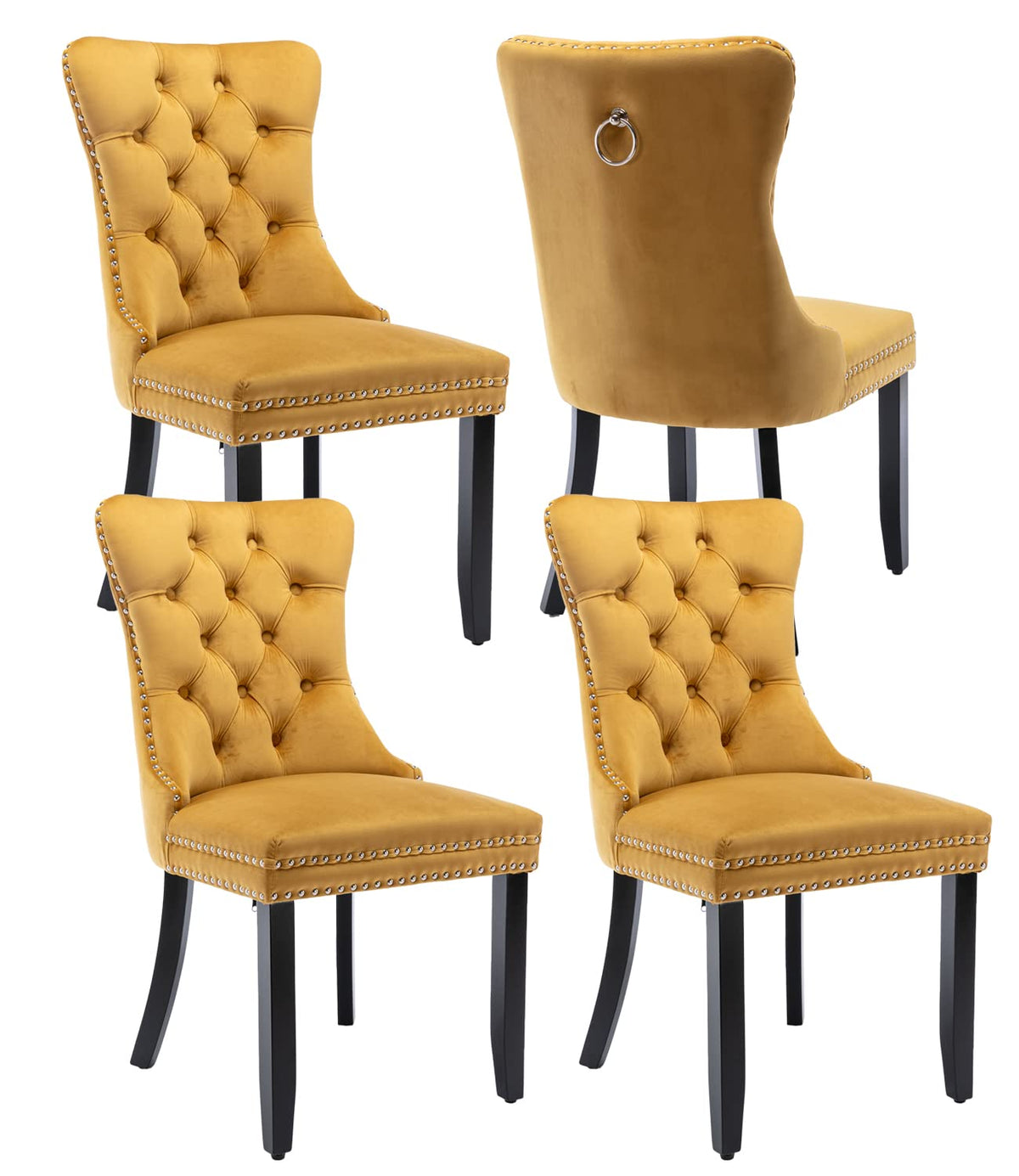 Velvet Dining Chairs Set Of 4, Upholstered Dining Room Chairs With Back Ring Pull Trim And Solid Wood Legs,Tufted Wingback Kitchen Chair Perfect For Dining Room,Living Room,Kitchen(Gold)