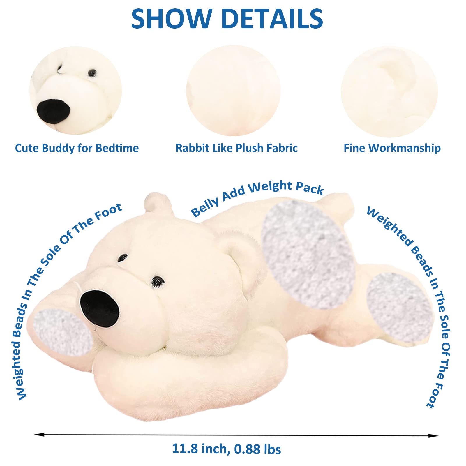 Ronivia Weighted Stuffed Animals, Weighted Bear Stuffed Animal Toy Cute White Bear Plush Pillow Weighted Plush Animals Toy, 11.8