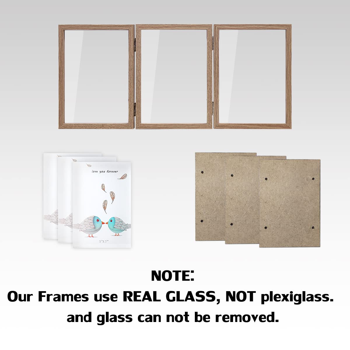 3 Picture Frame 5X7 Triple Hinged Mdf Wood Grain With Glass Front Three Opening Photo Frame Stand Vertical On Tabletop