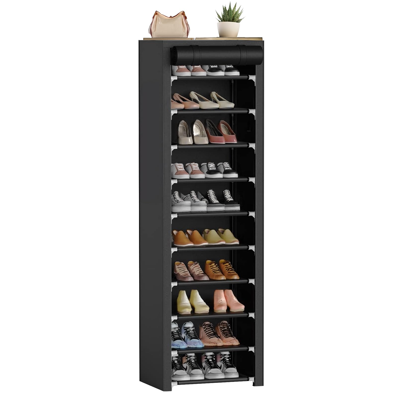 ERONE Shoe Rack with Cover 10 Tier Tall Slim Narrow Shoe Rack Organizer Space-Saving Sturdy Shoe Storage Shelf for Entryway, Clo