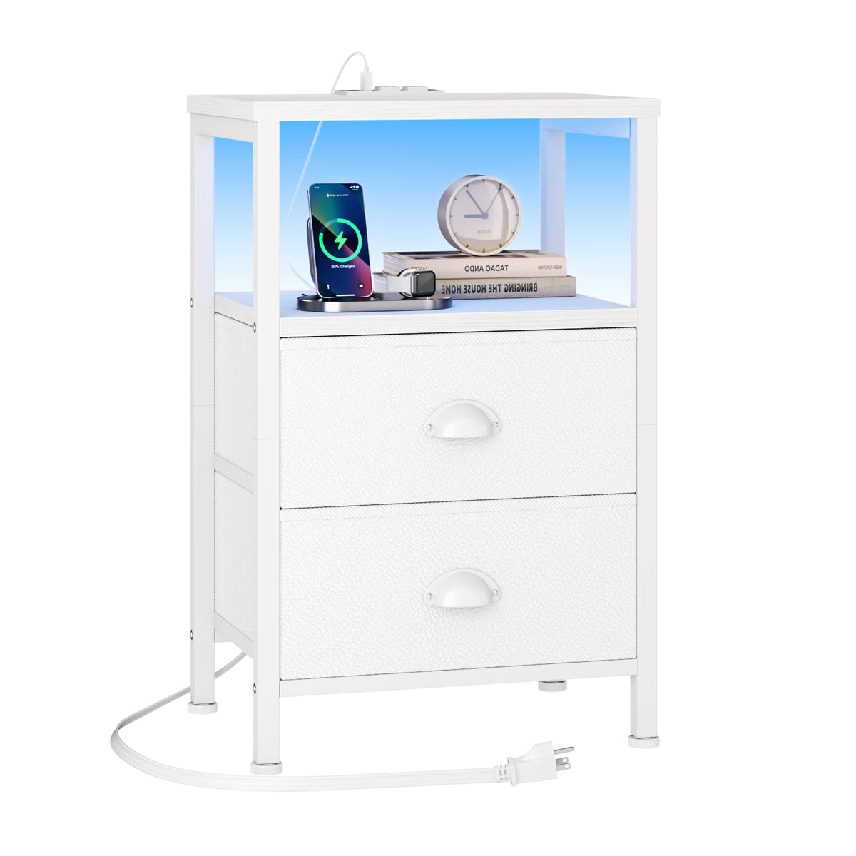 Furologee Nightstand with Charging Station, End Table with LED Lights, Bedside Table with Fabric Drawers and Storage Shelf, Whit