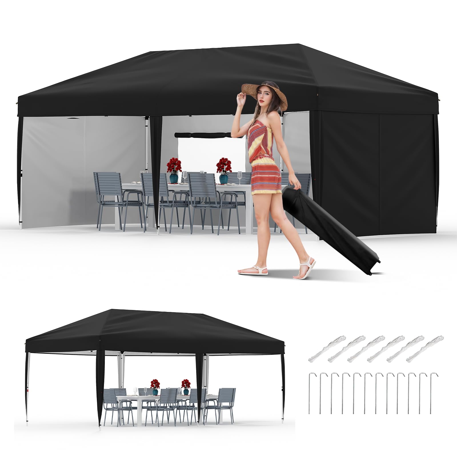 10x20 Pop Up Canopy with 4 Sidewalls - Heavy Duty Outdoor Canopy Tent with Portable Roller Bag - 3 Adjustable Height, 4 Weight B