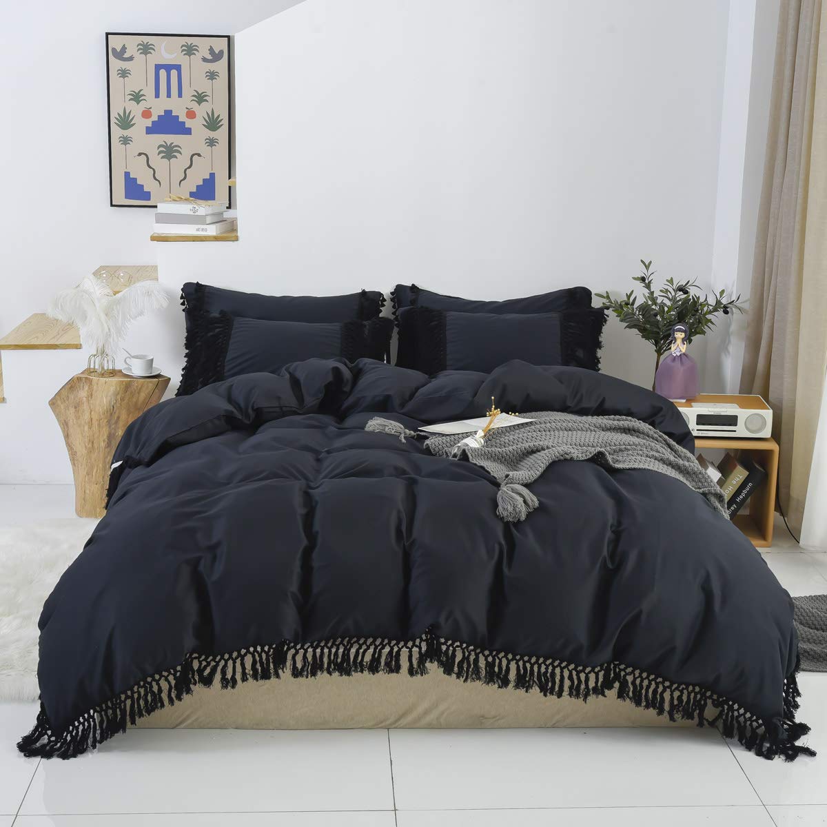Softta Black Duvet Cover Queen 3 Pcs Boho Bedding Ruffle Tassel Farmhouse Duvet Covers Fringed 100% Pure Cotton