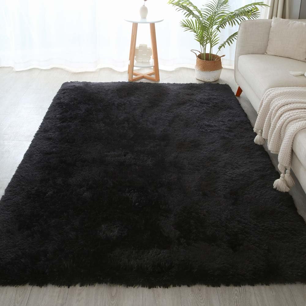 Kchowua 5X8 Rug For Living Room Black Fluffy Rugs For Bedroom Aesthetic Plush Machine Washable Rug For Dorm Soft Shag Area Rugs