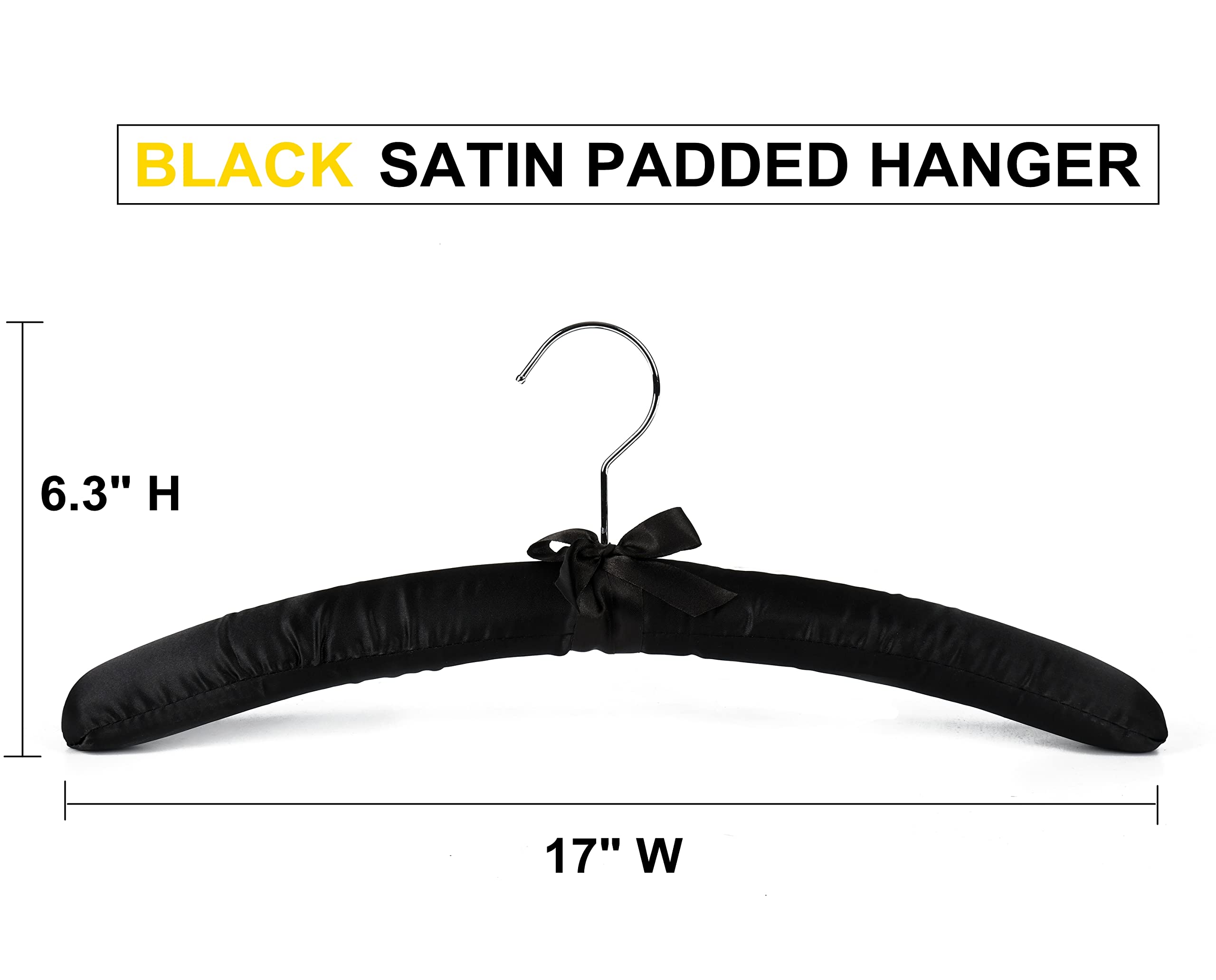 Amber Home 5 Pack 17 Inch Large Black Satin Padded Hangers For Women Clothing, Anti Slip Cushioned Hangers For Sweaters, Silk Ha