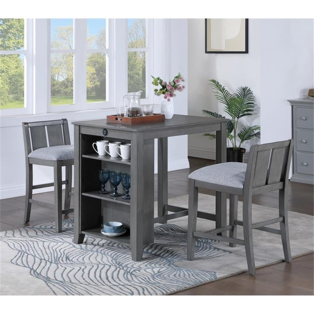 LILOLA LIVING Graham 3-Piece Gray Finish Small Space Counter Height Dining Table with Shelves and 2 Chairs - Thumbnail 2