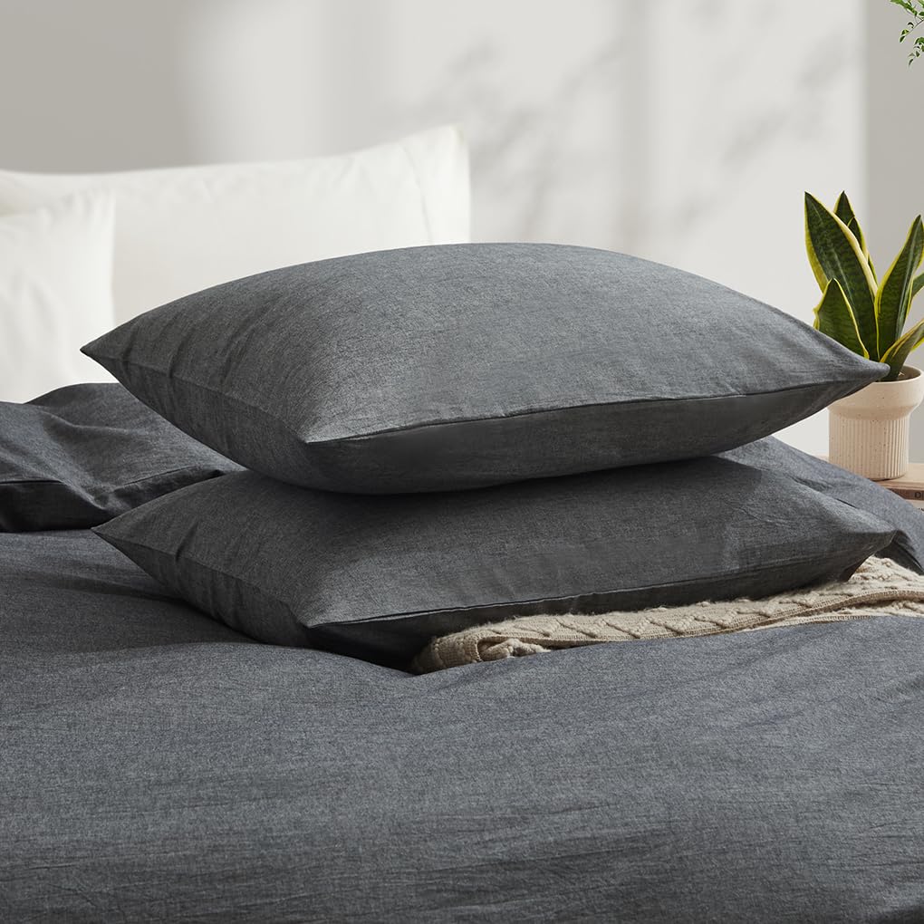 Lovque Dark Grey Duvet Cover Full Size, 100% Washed Cotton Linen Like Bedding Set With Zipper Closure (No Comforter), 80X90 Inch