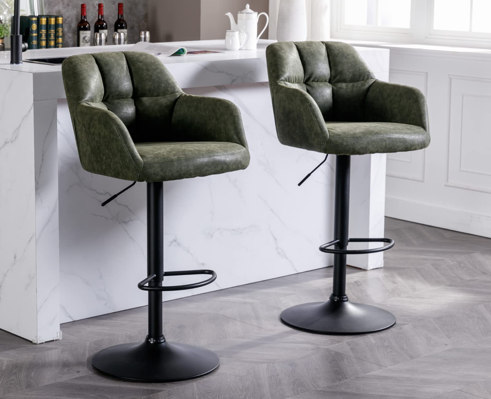 EALSON Modern Swivel Bar Stools Set of 2 Leather Counter Height Barstools with Back and Arms Comfortable Adjustable Bar Chairs w