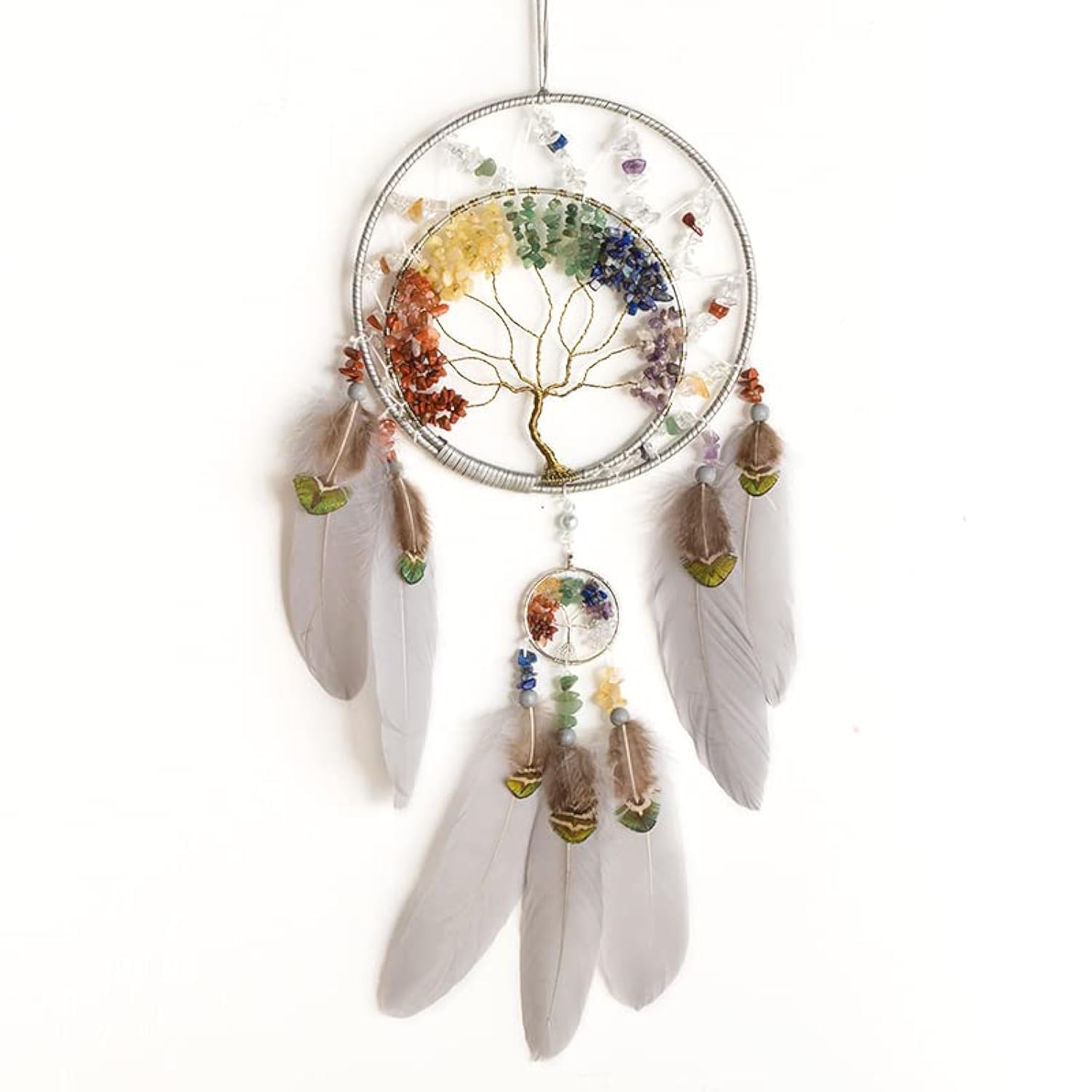 7 Chakras Tree of Life Dream Catcher Wall Decor with Rainbow Healing Crystal Stone Handmade Gray Feather DreamCatchers Wall Hang