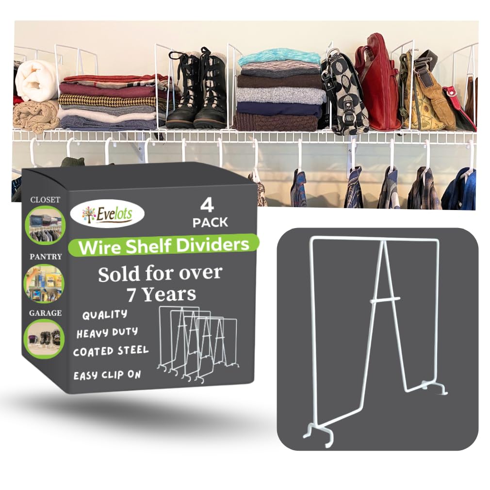 Evelots Wire Shelf Dividers -4 Pack- Closet Storage & Organization For Office/Pantry/Garage - Tall Shelf Separator - Easy Clip-No Tool - Solid Coated Steel
