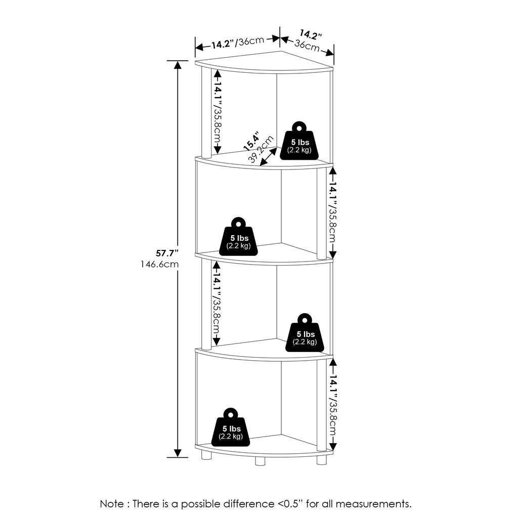 Furinno Econ 4-Tier Zigzag Corner Shelf Bookcase, Bookshelf, Amber Pine/Black