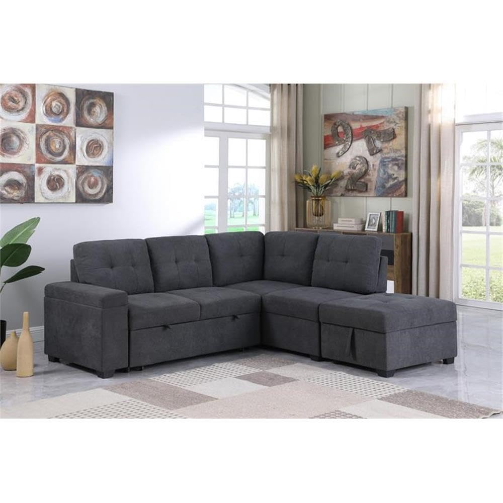 Lilola Home Sadie Dark Gray Woven Fabric Sleeper Sectional Sofa with Storage Ottoman, Storage Arm