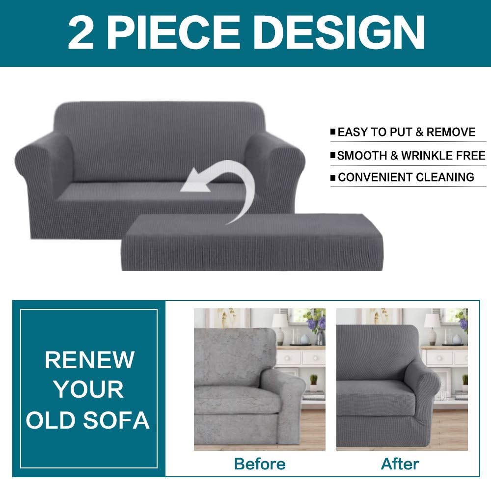 Turquoize Stretch Sofa Slipcover 2 Pieces Sofa Cover Couch Cover For 2 Cushion Couch Washable Furniture Protector Covers With Elastic Bottom Feature Thick Jacquard Fabric (Loveseat, Charcoal Gray)