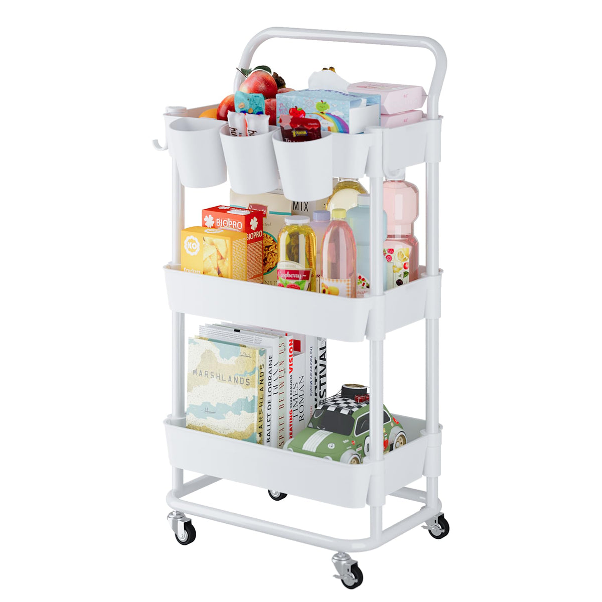 Buzowruil 3-Tier Rolling Utility Cart, Storage Cart With Handle Multi-Purpose And Locking Wheels,With Hanging Basket And Hook For Office, Kitchen, Bathroom,White