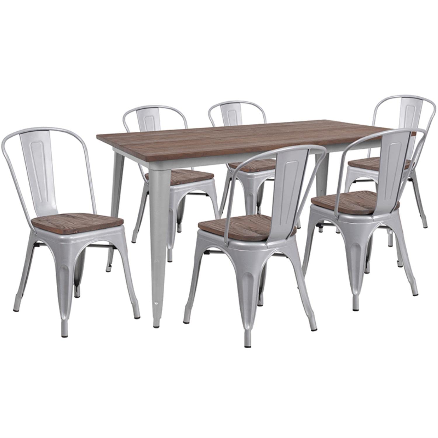 Flash Furniture 30.25&quot; X 60&quot; Metal Table Set With Wood Top And 6 Stack Chairs, Silver