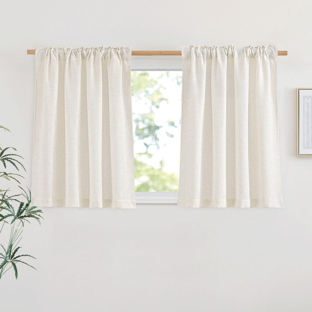 Nicetown Linen Curtains 45 Inch Length For Kitchen, Rod Pocket & Back Tab Semi Sheer Flax Linen Window Treatments Privacy With Light Filtering For Bedroom, Natural, W29 X L45, 2 Pieces