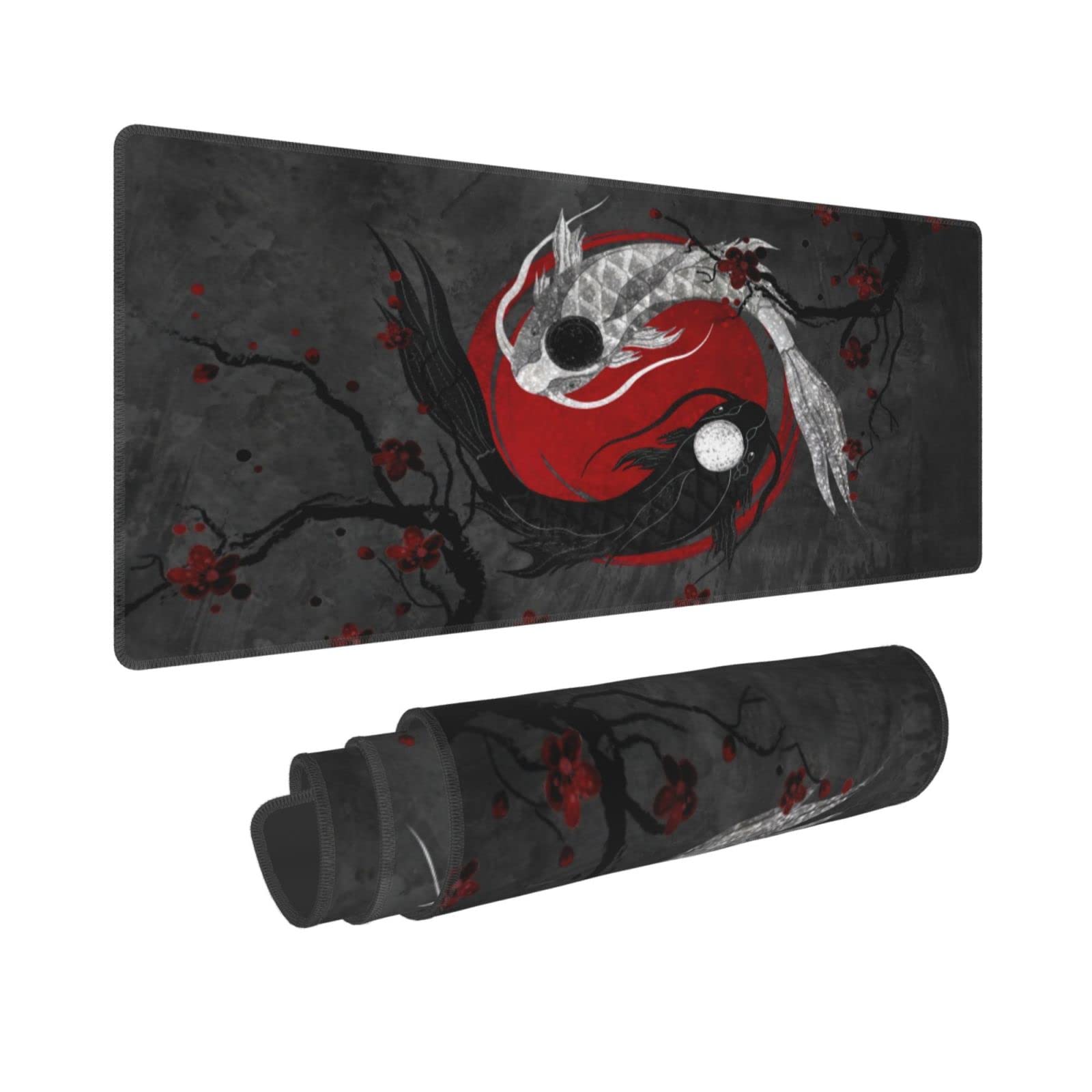 Japanese Yin And Yang Koi Carp Gaming Mouse Pad Xl, Non Slip Rubber Base Mousepad, Stitched Edges Desk Pad, Extended Large Mice