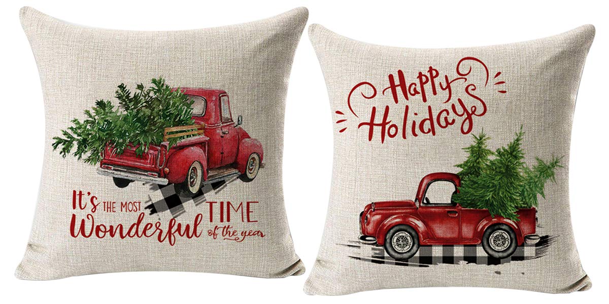 Carrie Home Red Truck Christmas Decor Outdoor Christmas Throw Pillow Covers 18X18 For Home Car Office, Set Of 2