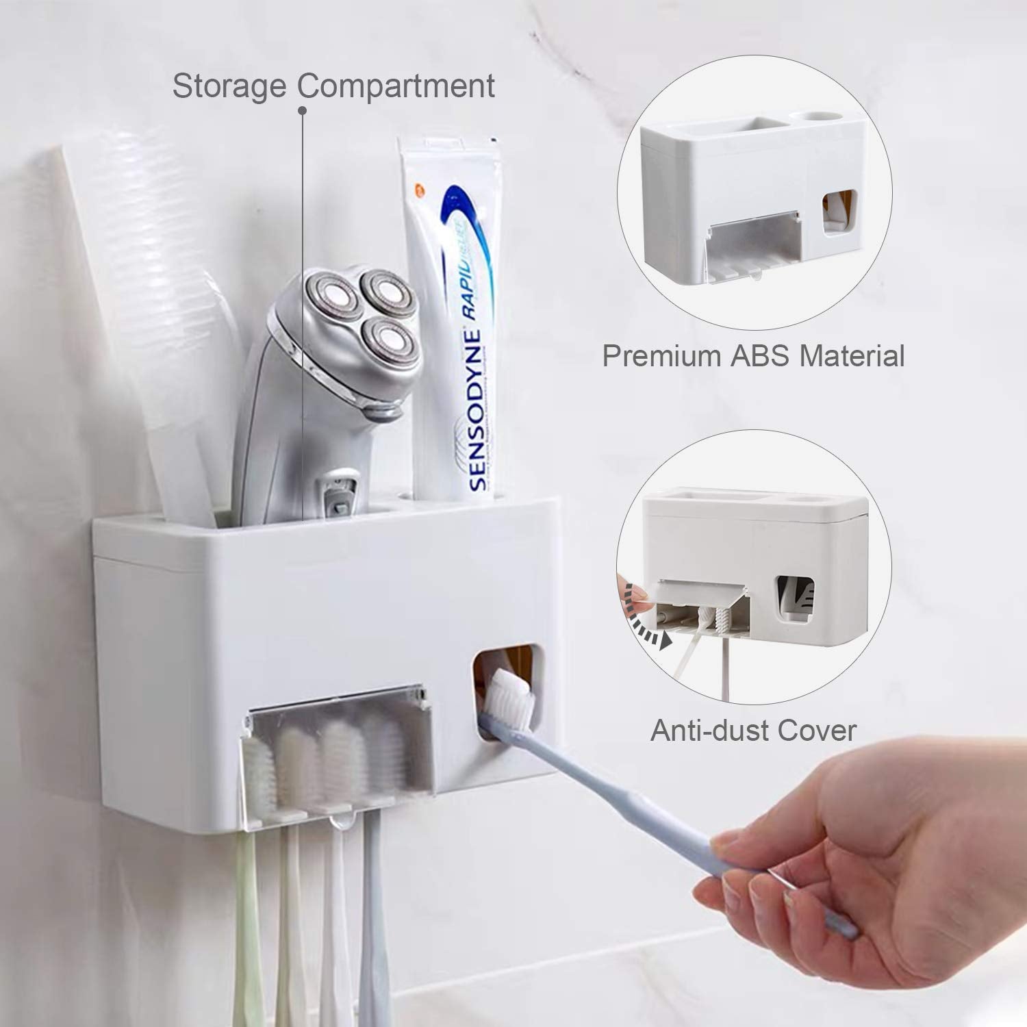 Houvillage Toothpaste Dispenser Toothbrush Holder Set, Toothpaste Squeezer Tooth Brush Holder Set Holder With Anti-Dust Cover, 3