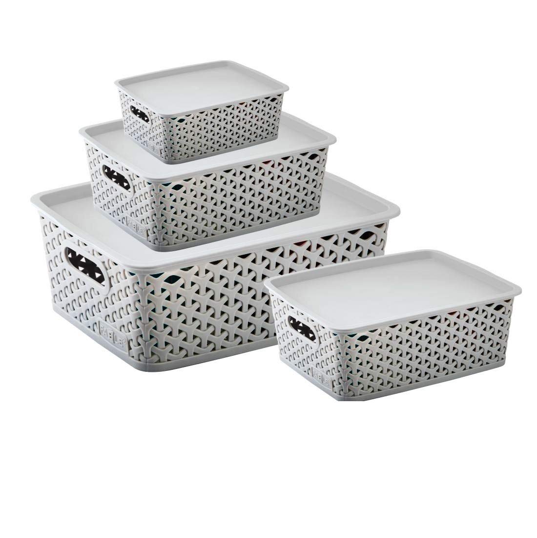 Fable Combo Of 4Pc Set Storage Basket With Lid Plastic Box Organiser For Home Kitchen Storage Basket (Pack Of 4) (Grey)