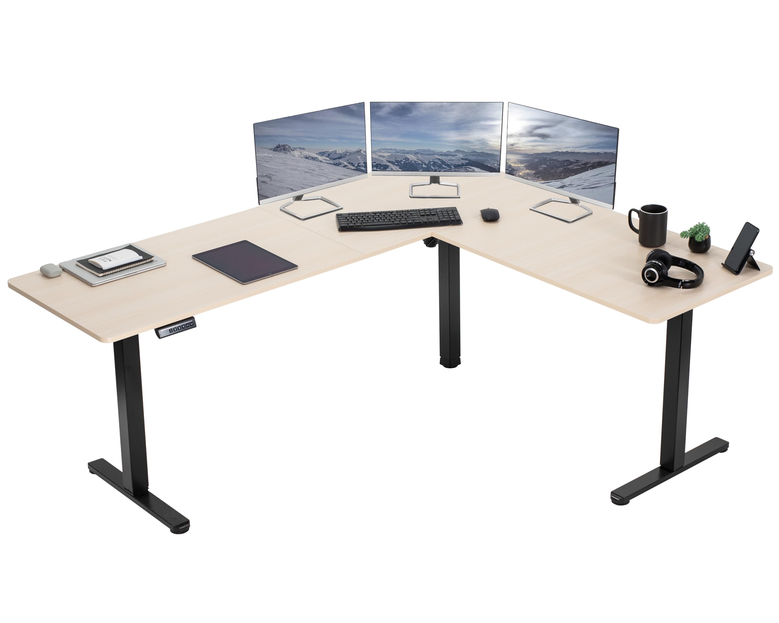 VIVO Electric Corner 75 x 63 inch L-Shaped Standing Desk, Memory Height Adjustment, Light Wood Top Black Frame, DESK-E3CTBC-75