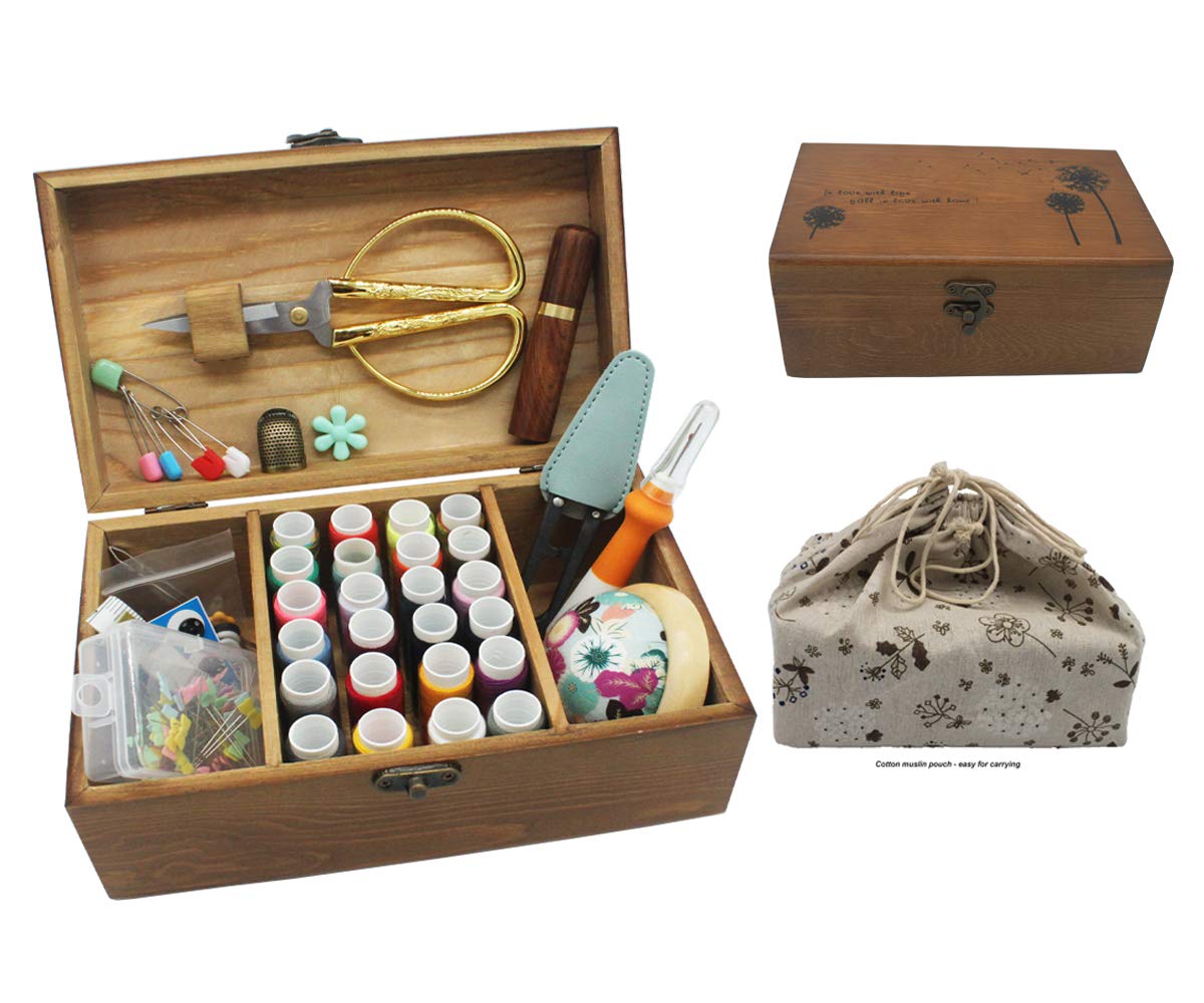 Sewing Kit, Wooden Sewing Kit Box Basket with Compartment, Portable Stitching Repair Tool Kit Accessories Organizer, Wood Vintag