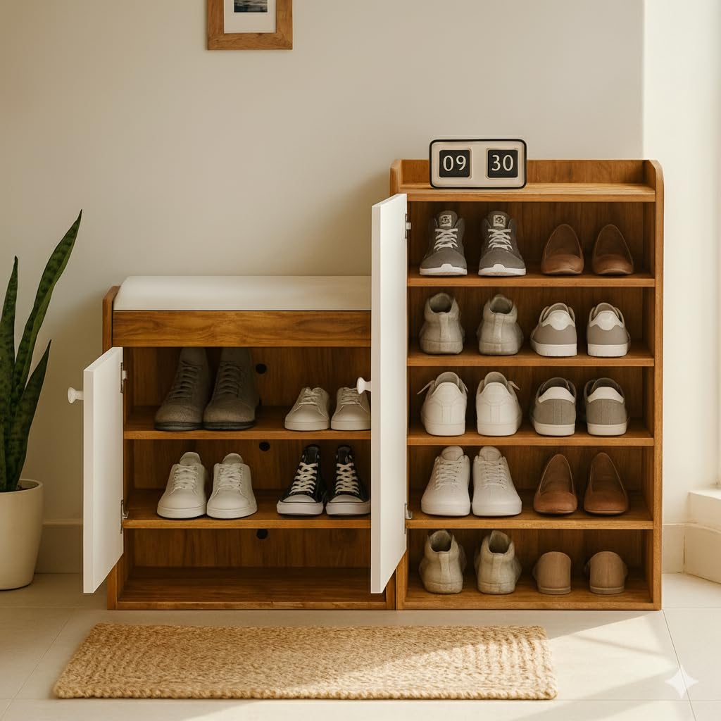 Callas Shoe Rack Storage Bench, Holds 15 Pairs, 8Tier Rack With Cushion Seat And Closed Cabinet | 1 Year Warranty With Free Ins